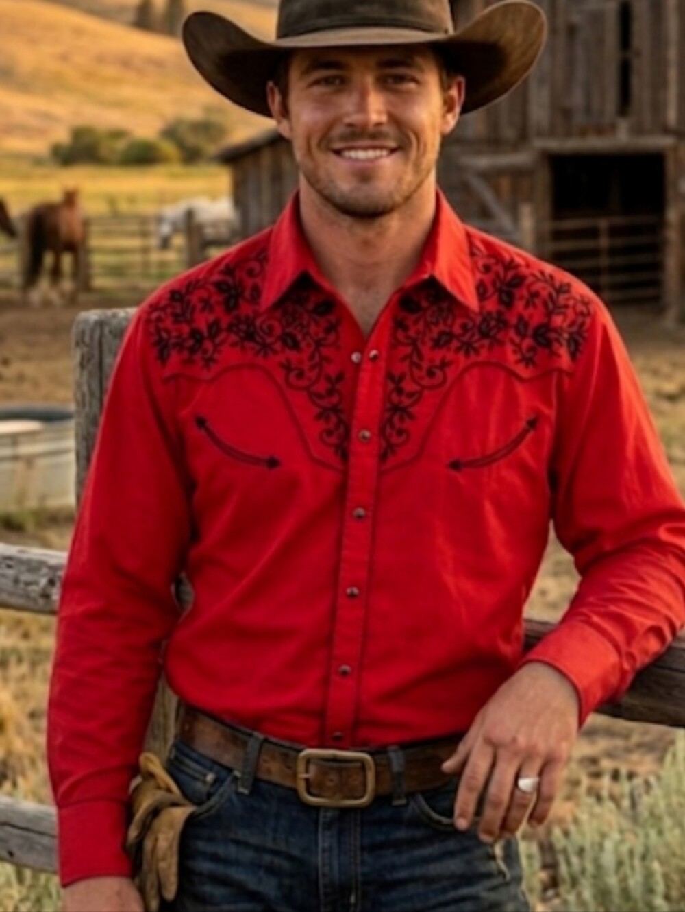 Vintage Larry Mahan Western Shirt Red Black Embroidered Snap Front Size XL